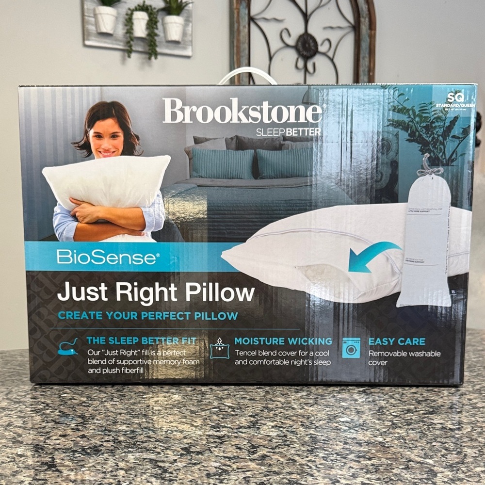 Brookstone BioSense Just Right Pillow in White with Teal Accent